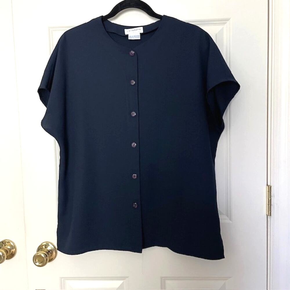 Liz Claiborne Collection Navy Blue Short Sleeve Button Front Top Women 16